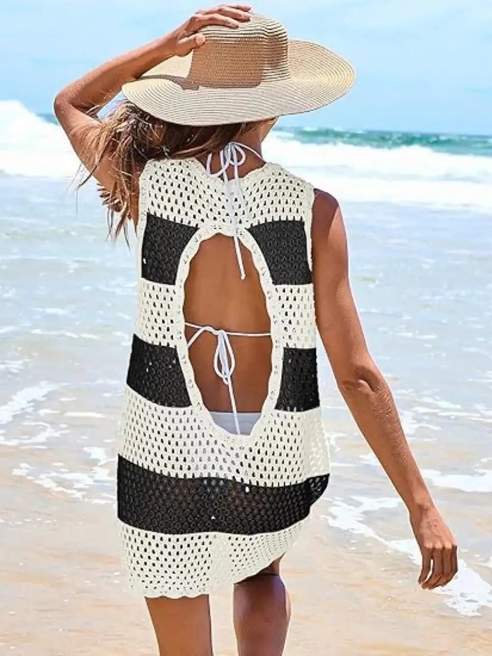 Blocked Pattern Openwork Sleeveless Panel Detail Swim Cover Up