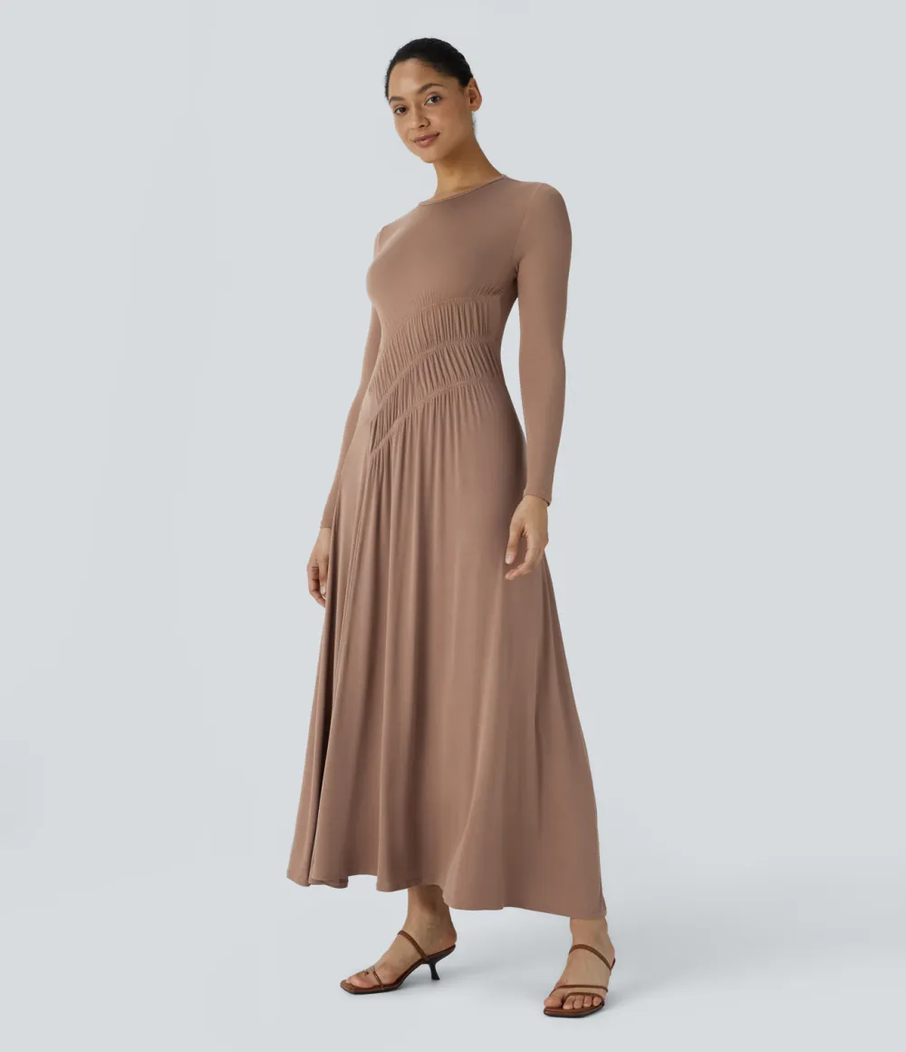 Ribbed Round Neck Long Sleeve Plicated Flare Flowy  Maxi Casual Dress