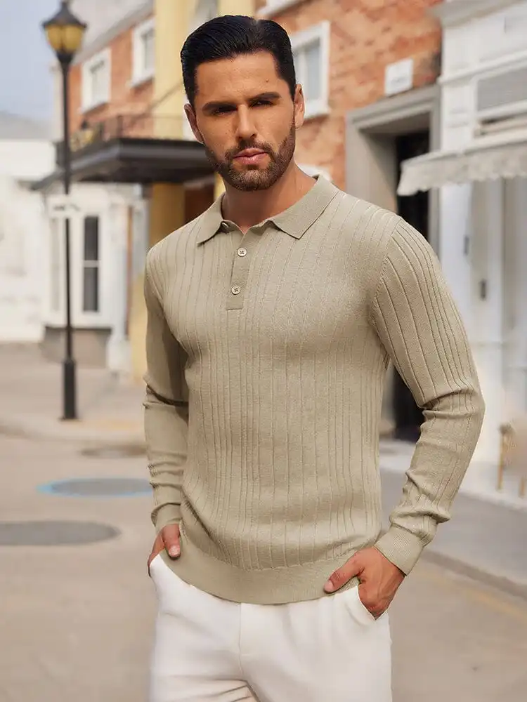 Versatile Ribbed Knit Polo Shirts Sweater