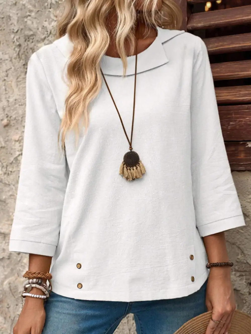Lapel Three-Quarter Sleeve Tee Top