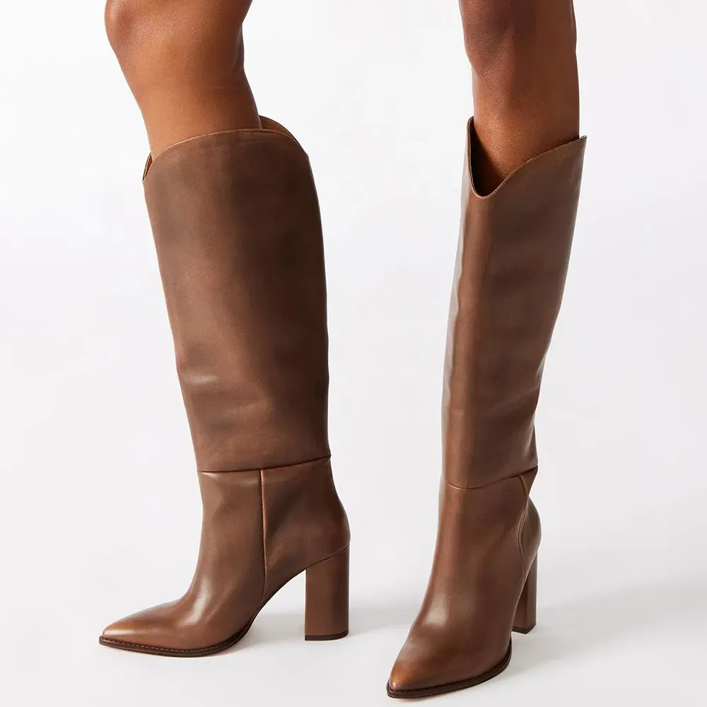 Classic Faux-Leather Pointed-Toe Chunky-Heel Platform Knee-High Boots