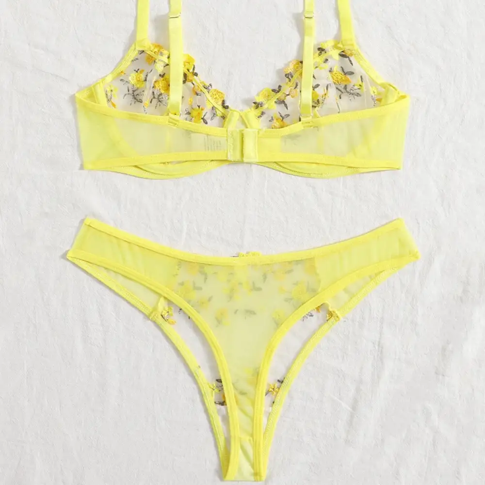 Floral Mesh Thong Lingerie Set