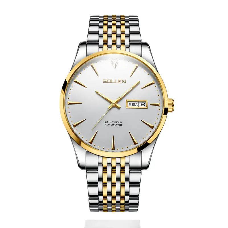 Sollen 9030 Automatic Watch - Men's Diamond-Set Dial Day Date 9-Bead Stainless Steel Bracelet Wristwatch