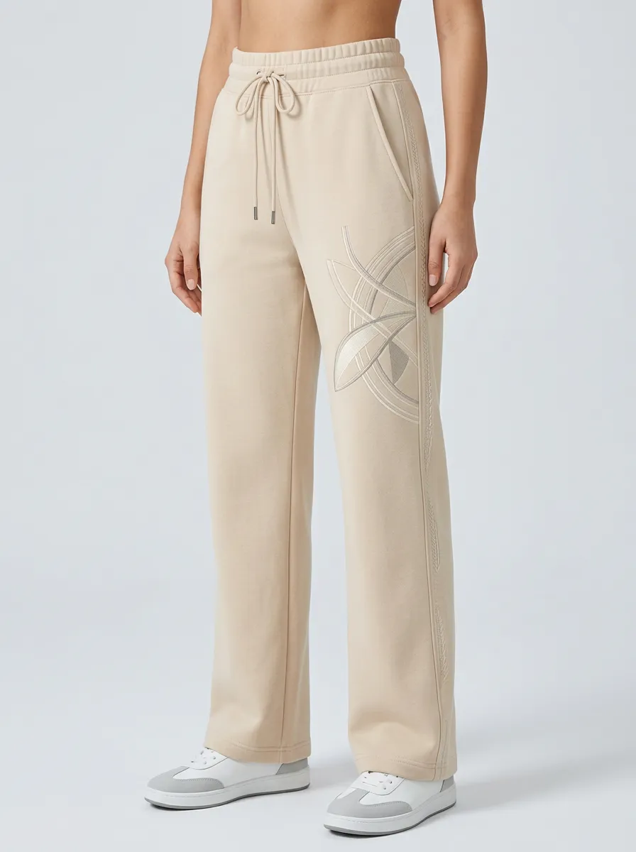 Women's Beige Minimalist Abstract Line Graphic Sweatpants