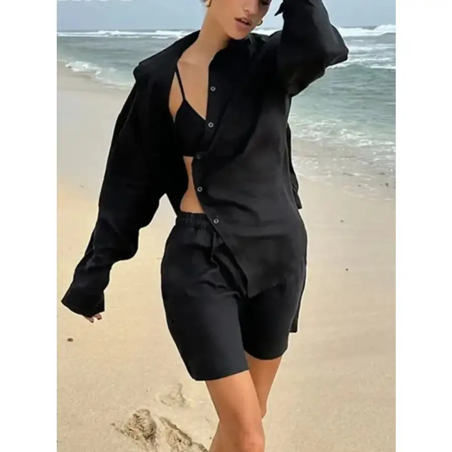Button Up Long Sleeve Shirt and Shorts Set