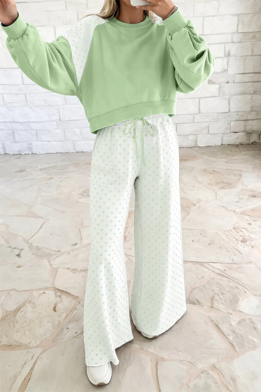 Women's Polka Dot Patchwork Colorblock Long Sleeve Casual Two Piece Pants Set