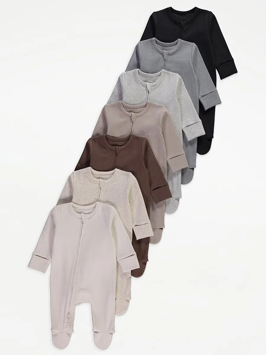 Neutral Ribbed Zip Fasten Sleepsuits 7 Pack