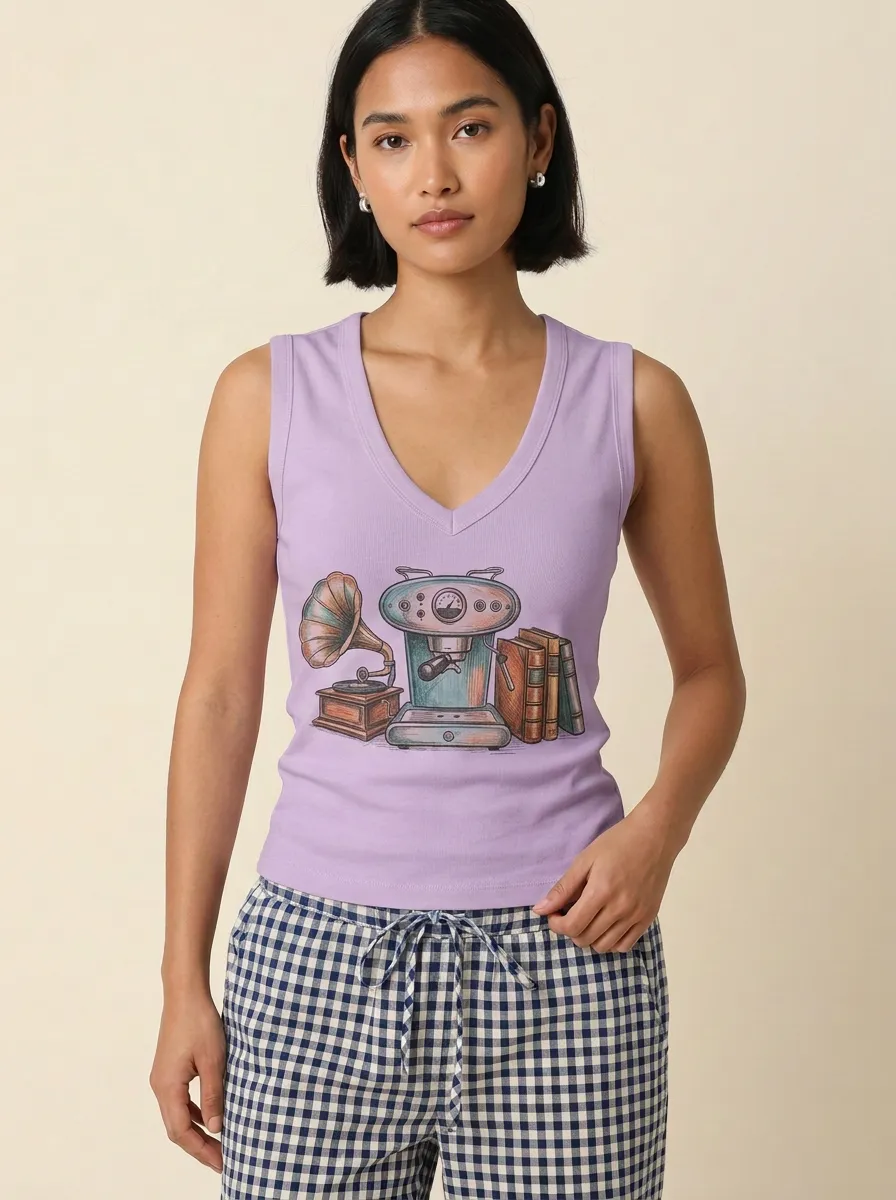 Women's Coffee Book Music Lover Espresso Gramophone Printed Tank Top