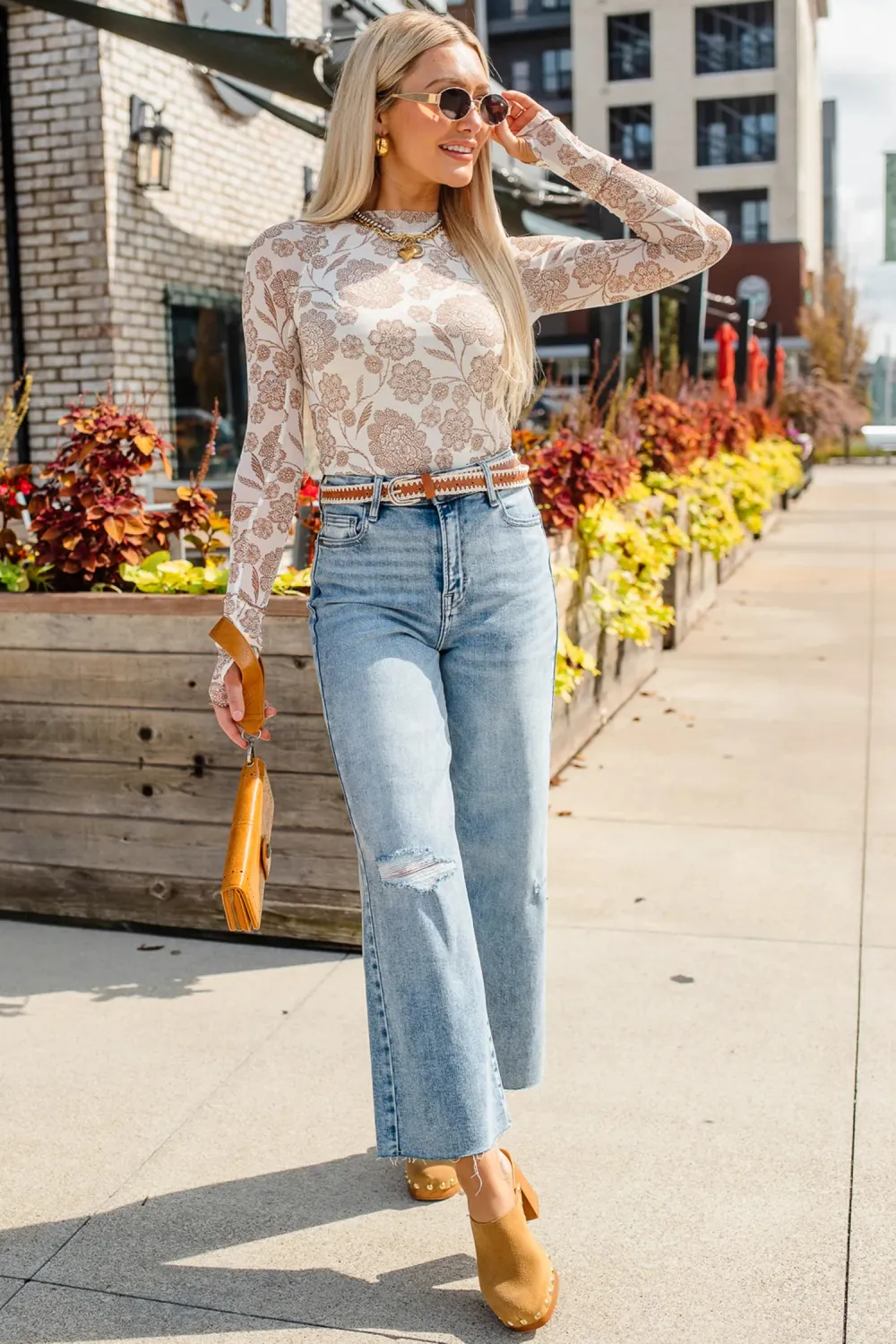 Brown Thumbhole Long Sleeve Floral Top