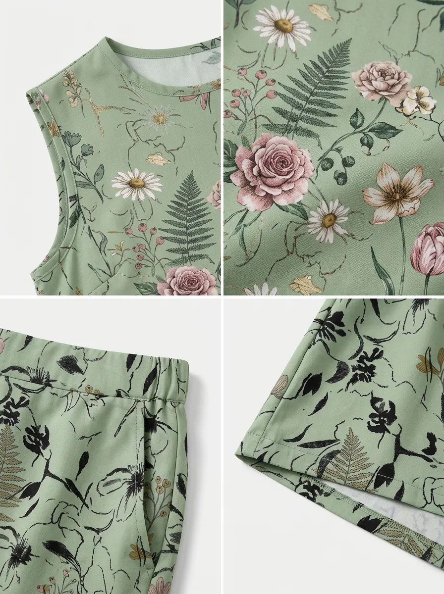 Women's Botanical Floral Sage Green Printed Sleeveless Shorts Set