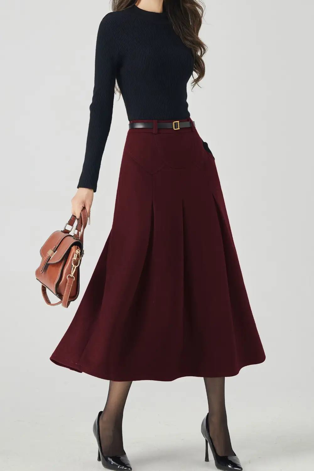Artful Wool Blend Pleated A Line High Waist Midi Skirt