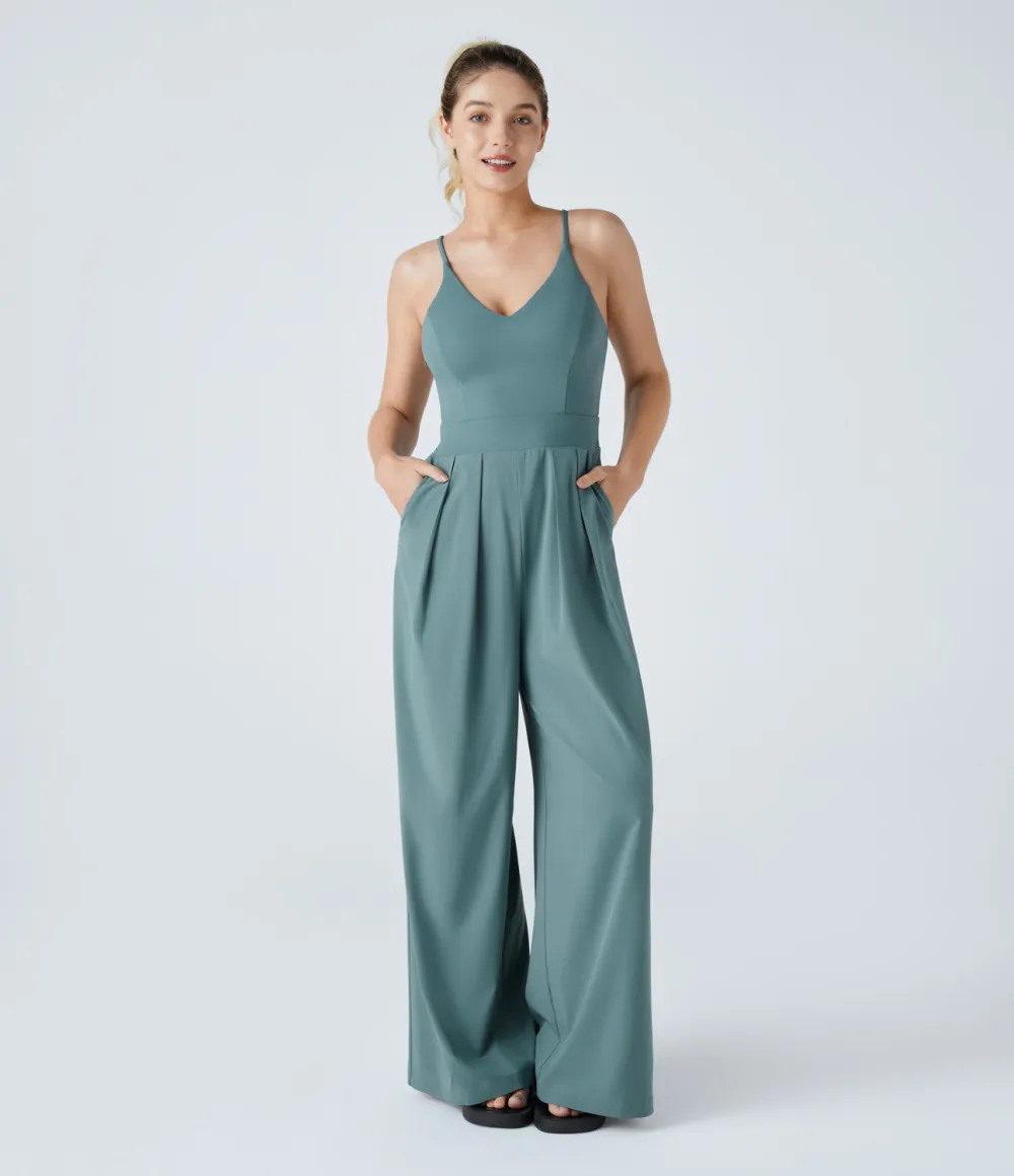 Breezeful Backless Side Invisible Zipper Pocket Wide Leg Quick Dry Resort Slip Jumpsuit