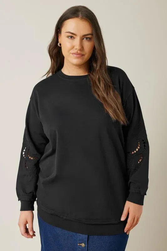Black Cutwork Crew Neck Sweatshirt