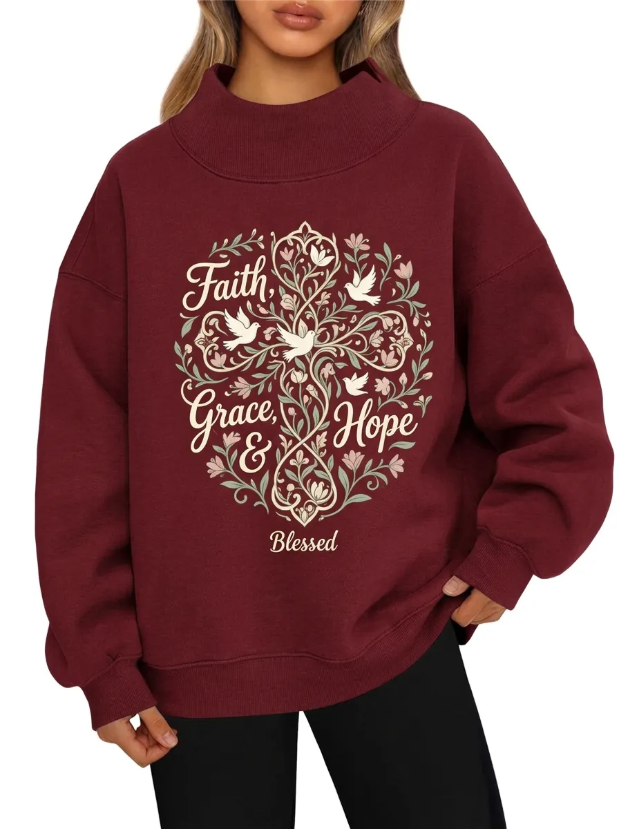 Women's Heather Grey Grace Hope Grace Hope Relaxed Mock Neck Sweatshirt