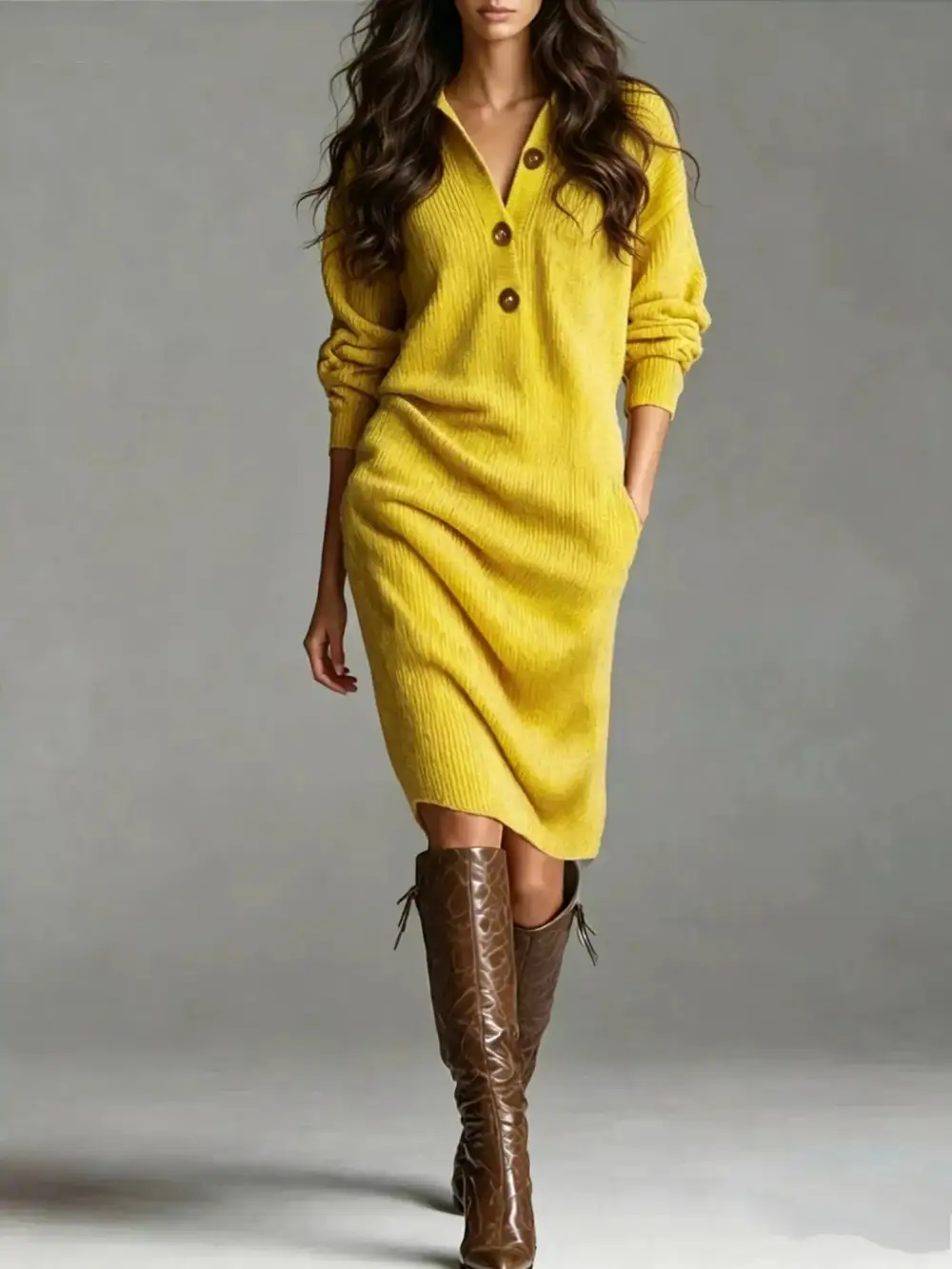 V-Neck Sweater Knit Pocketed Dress