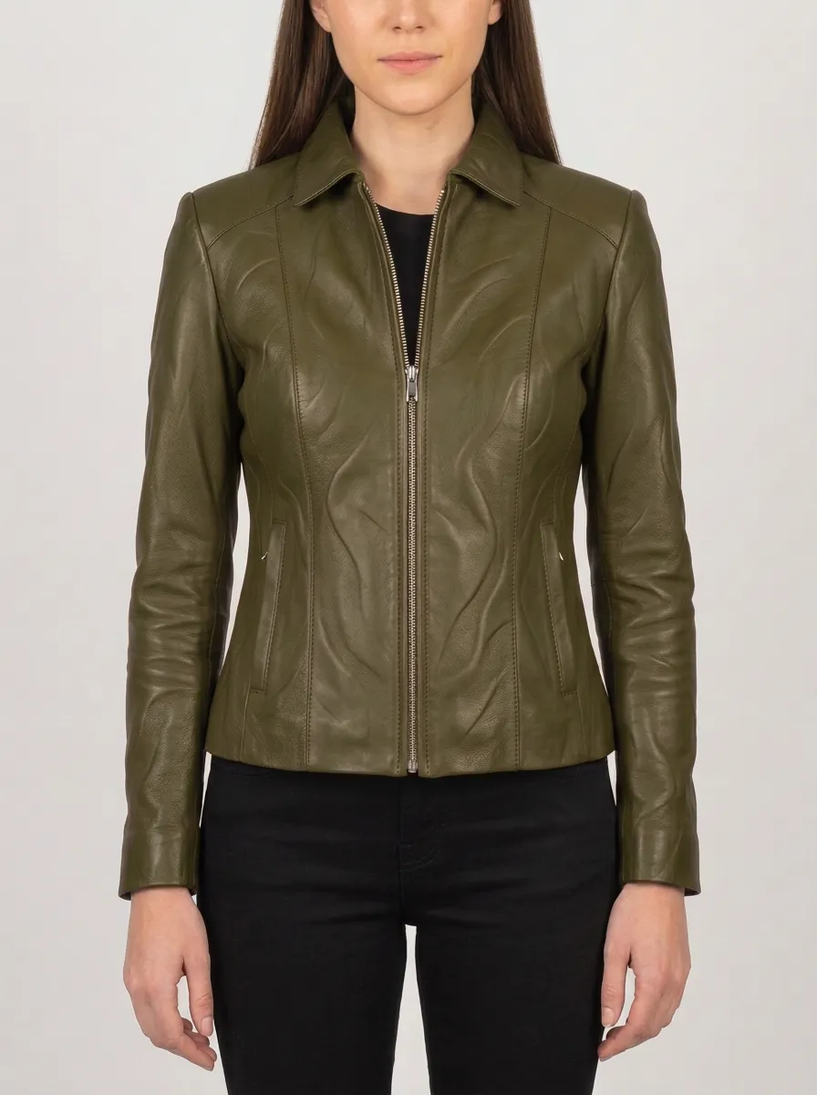 Leather-Look Wavy Texture Zip-Up Jacket