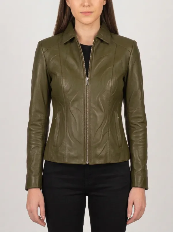 Leather-Look Wavy Texture Zip-Up Jacket