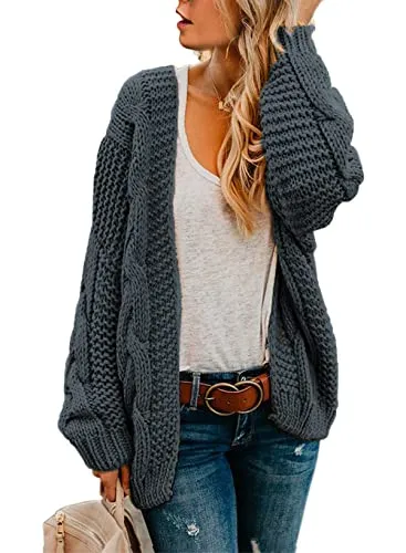 Womens Open Front Long Sleeve Chunky Knit Cardigan Sweaters Loose Outwear Coat