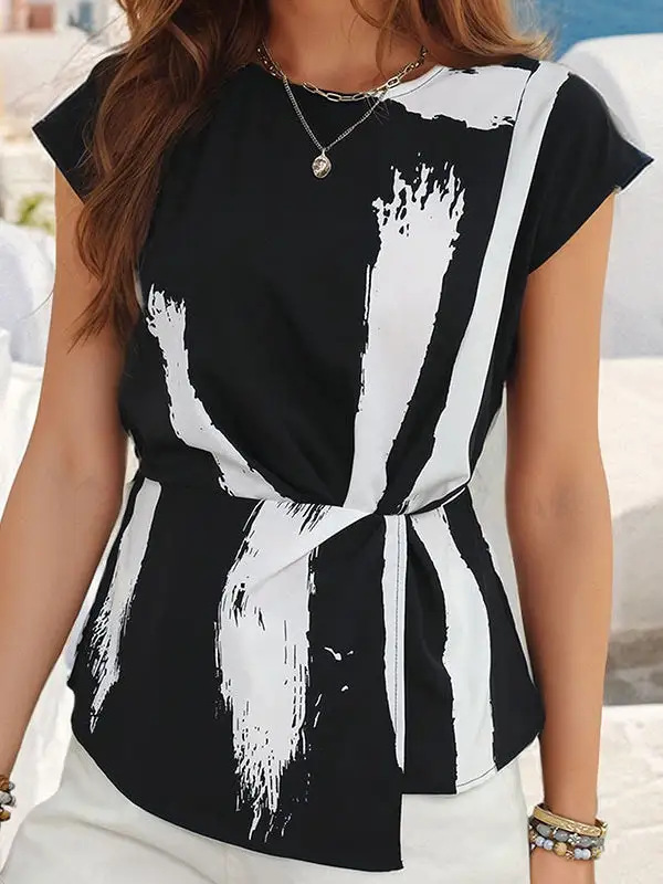 Relaxed Short Sleeve Contrast Print Panel Detail Round Neck Polyester T-Shirt