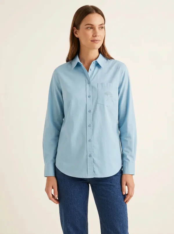 Women's Ginkgo-Embroidered Single-Pocket Point-Collar Shirt