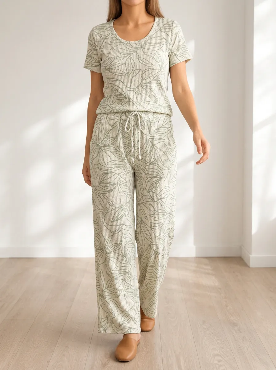 Women's Lounge Leaf Patterned Waffle Wide Leg Pants Set