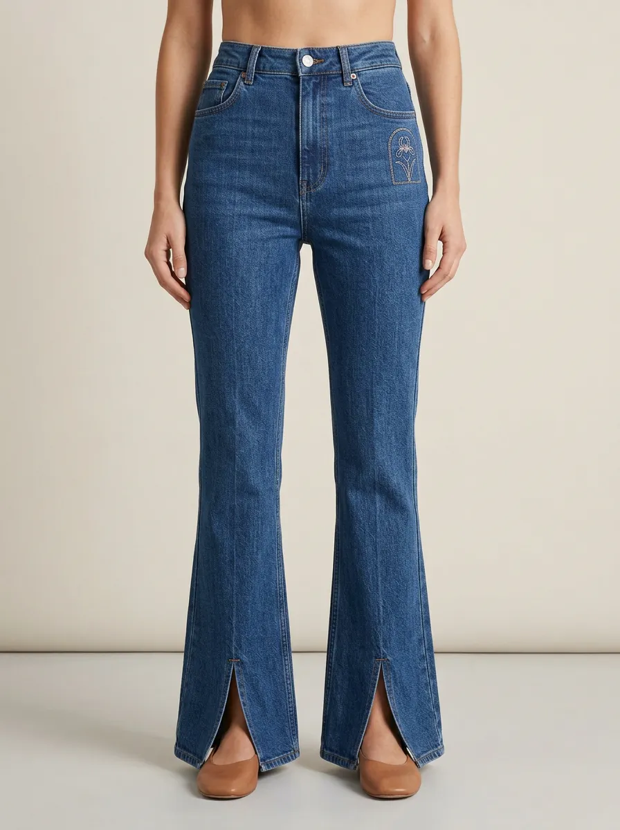 Women's Iris Floral Embroidered Front-Seam Split-Hem Flare Jeans
