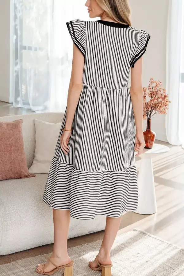 Striped Ruffle Sleeve Tiered Pocketed Midi Dress