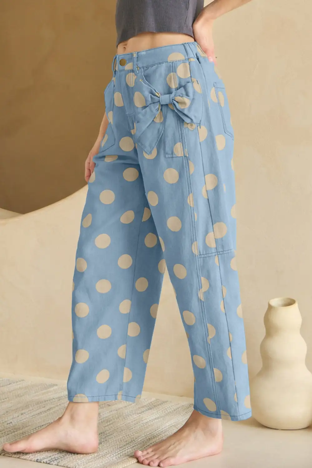 Women's Polka Dot Print Bow Detail Pocketed Jeans