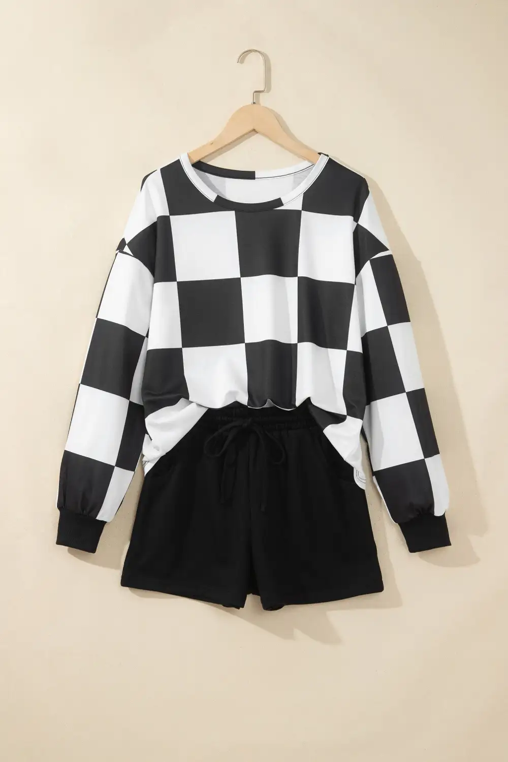 Women's Matching Checkerboard Plaid Long Sleeve Solid Color Shorts Two Piece Set