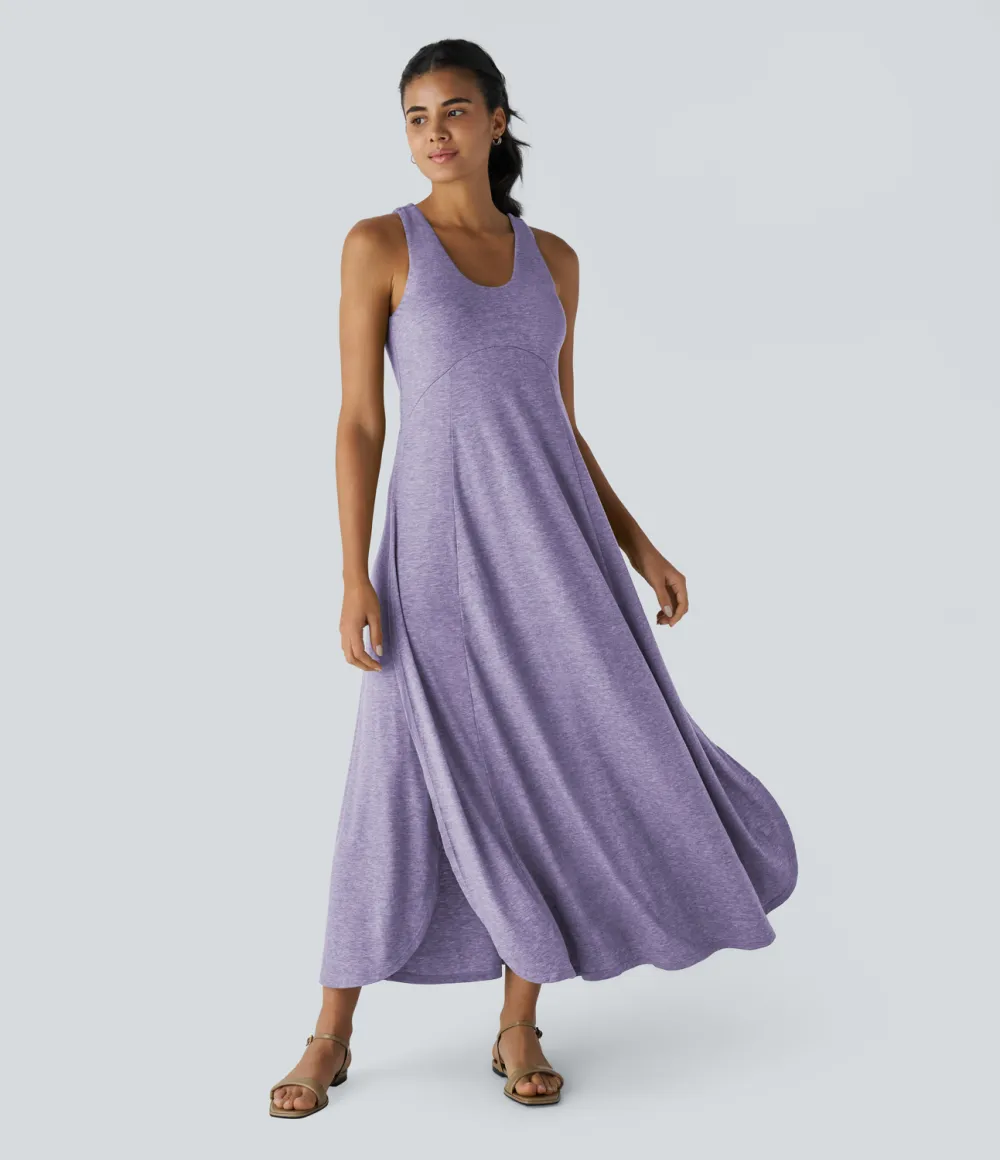 U Neck Backless Split Flowy Maxi Casual Tank Dress