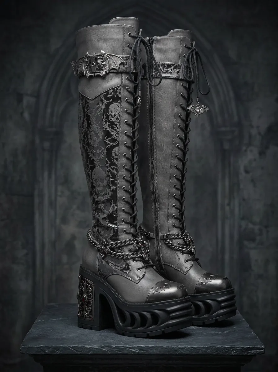 Midnight Skull Bat Graphic Look Women's Gothic Platform Knee High Boots
