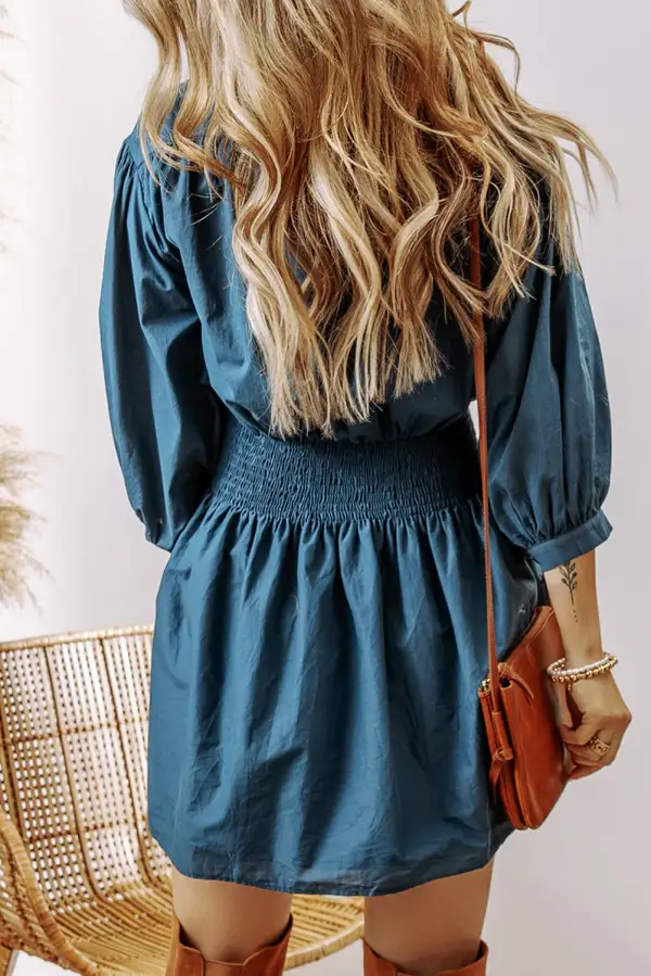 Sleeve Shirred High Waist Buttoned Mini Dress