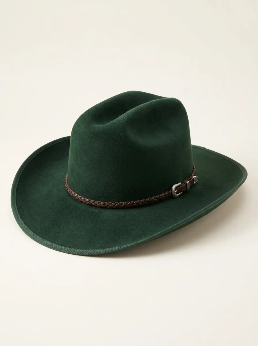 Dark Green Felt Cowboy Hat with Braided Leather Band