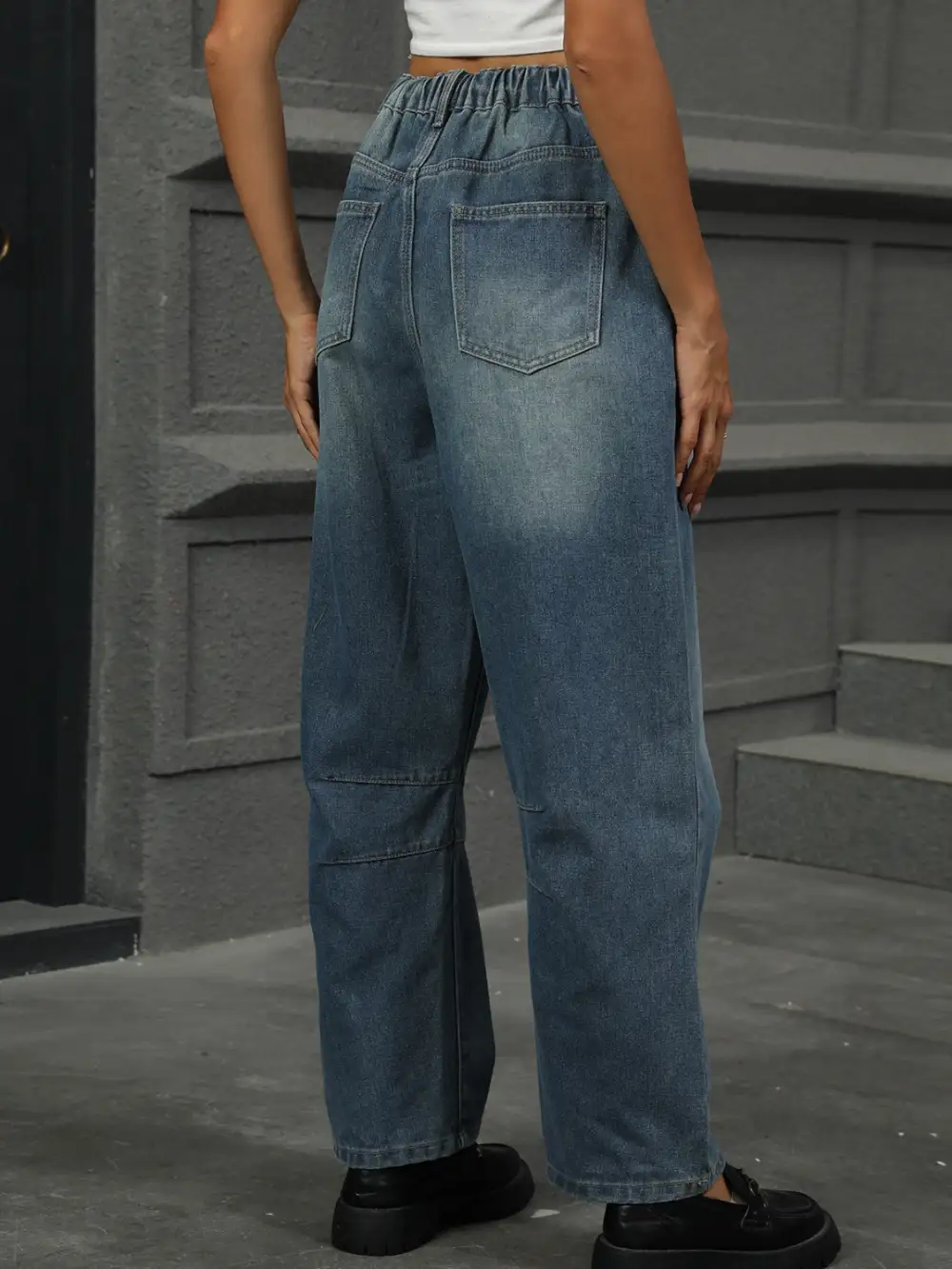 Straight Leg Elastic Waist Denim Jeans