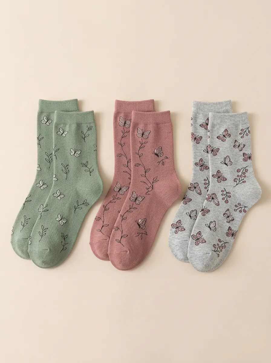 Women's Butterfly Berry Ribbed Crew Sock Set