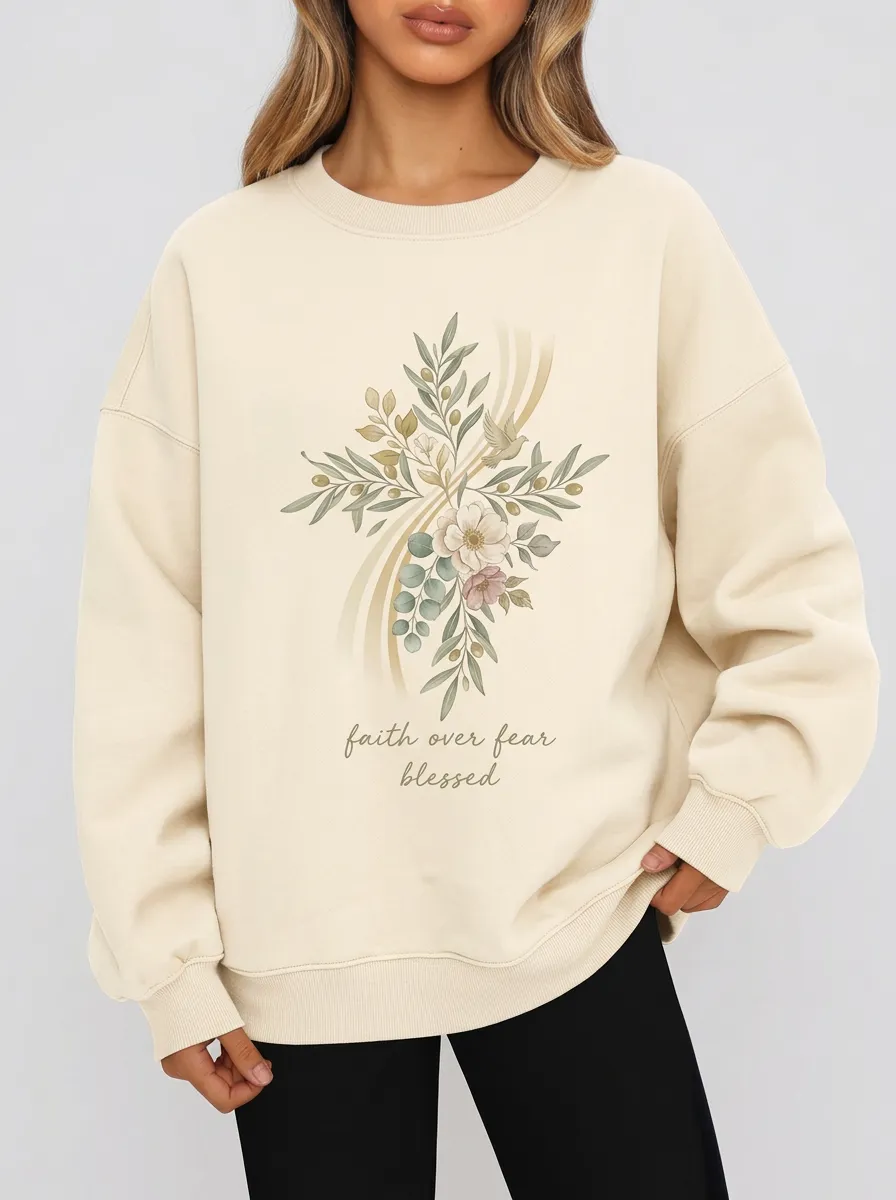 Women's Christian Faith Floral Cross Blessed Printed Sweatshirt