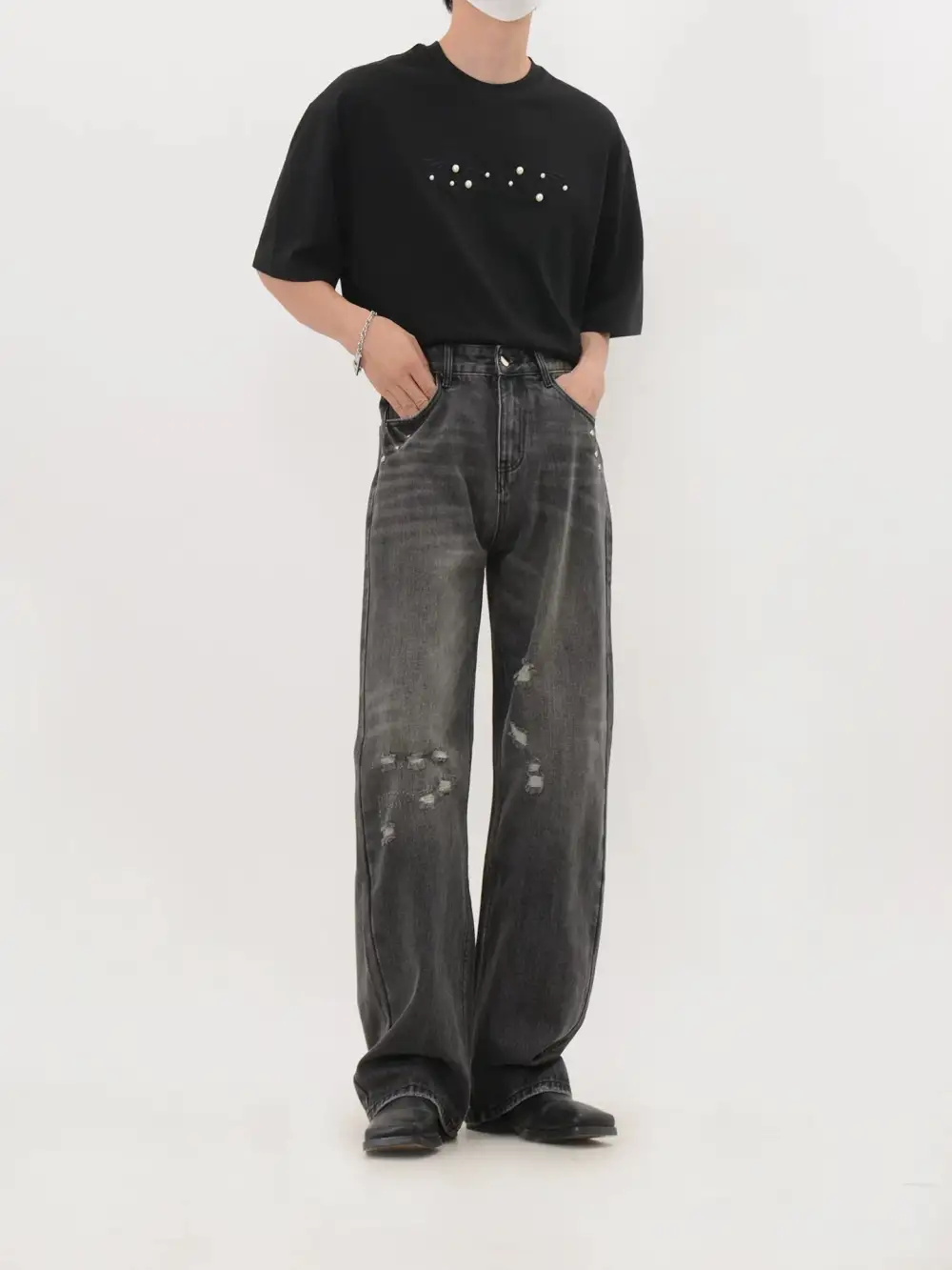 Distressed Straight-Leg Light-Wash Jeans