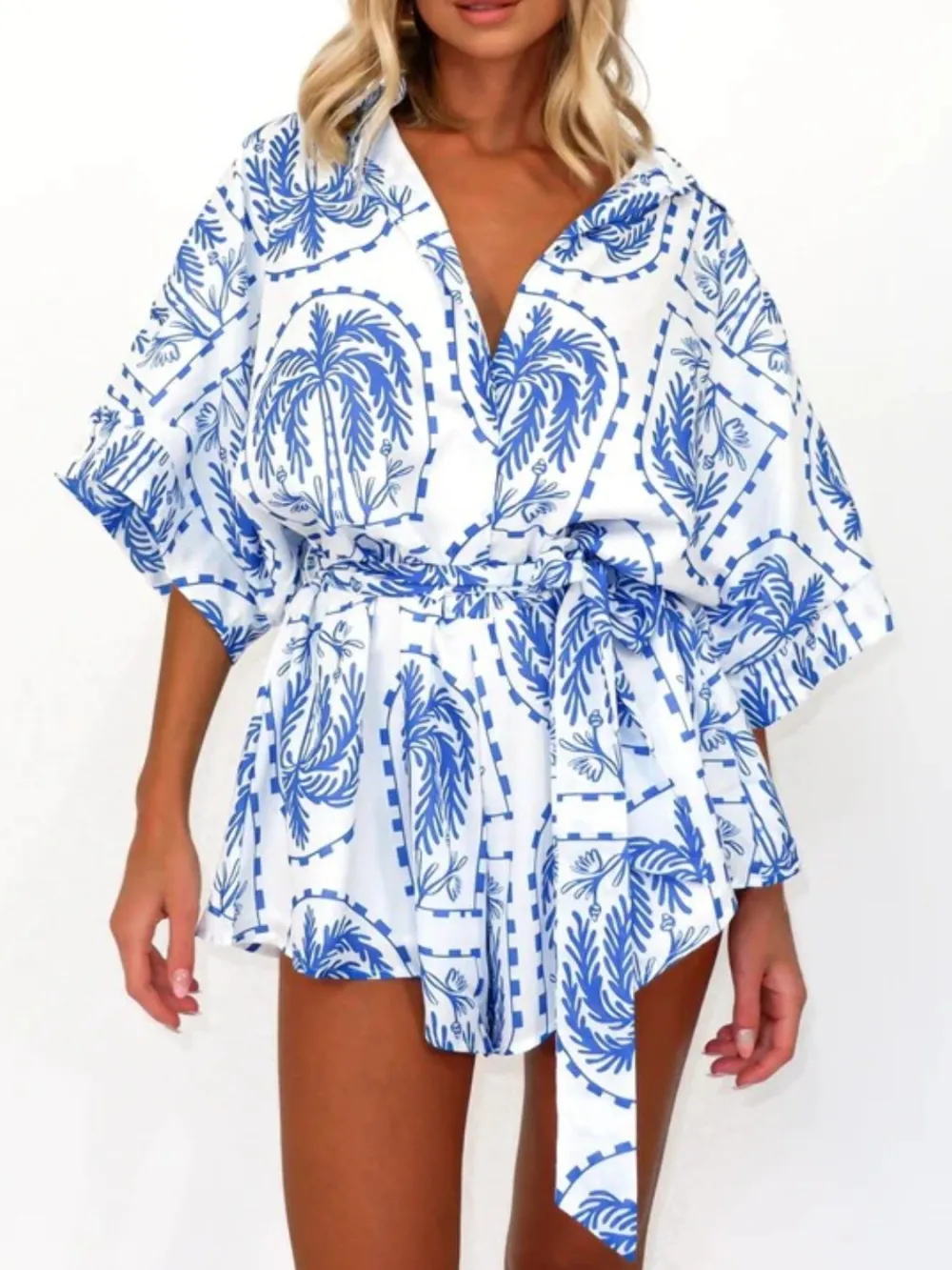 Tie Waist Half Sleeve Romper