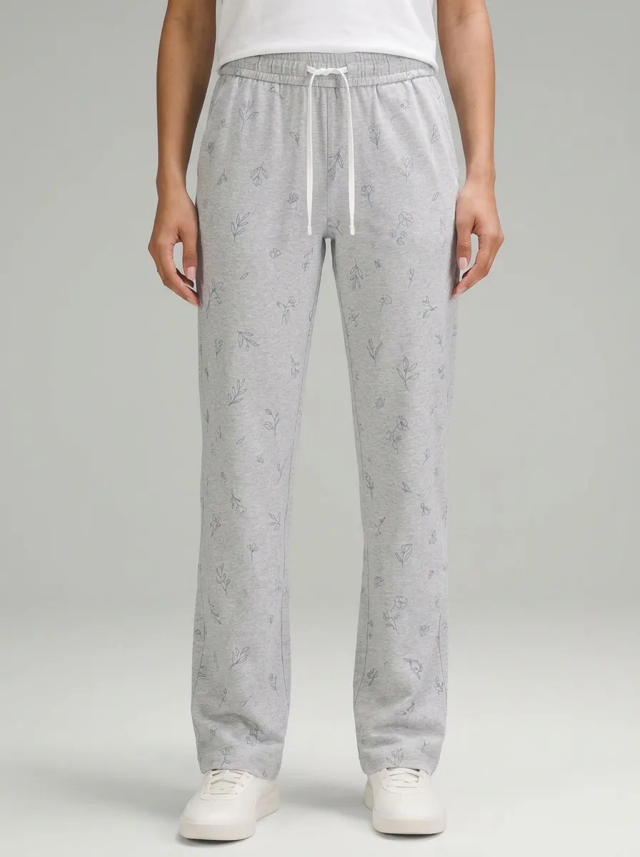 Women's Botanical Floral Line Art Printed Mid-Rise Straight Leg Pants