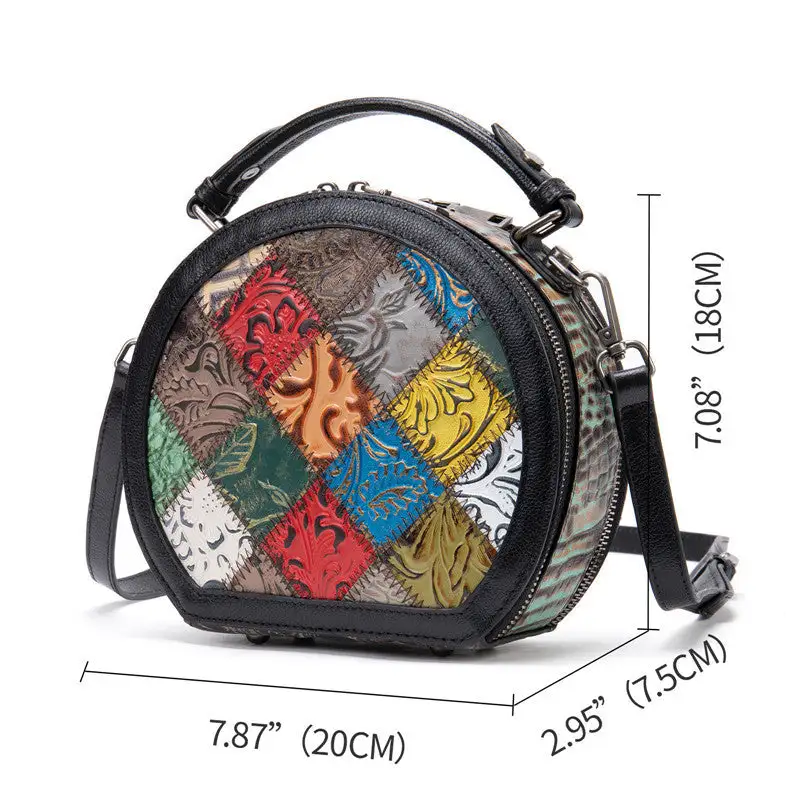 Small Cylindrical Cowhide Leather Handbag Retro Geometric