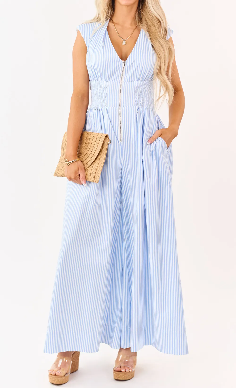 Powder And Striped Smocked Waist Jumpsuit