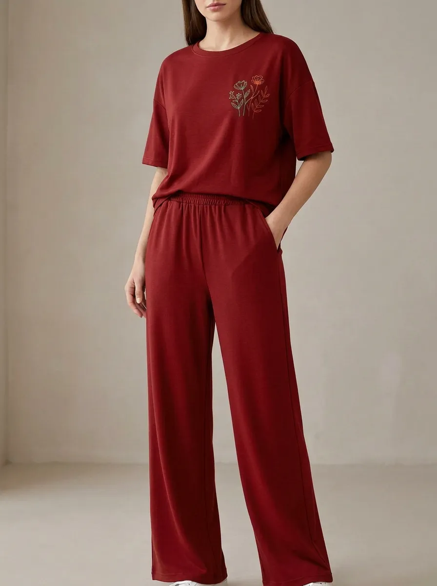 Women's Floral Embroidered Drop-Shoulder T-Shirt And Wide-Leg Trouser Lounge Set
