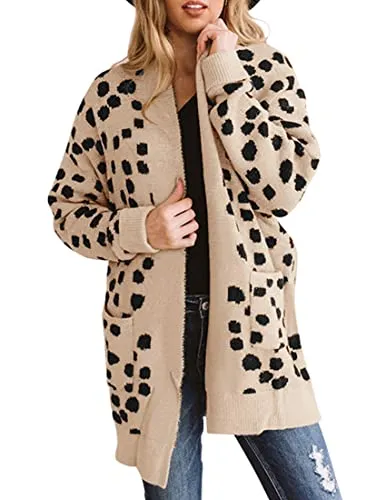 Women's Long Sleeves Open Front Leopard Print Knitted Sweater Cardigan Coat Outwear