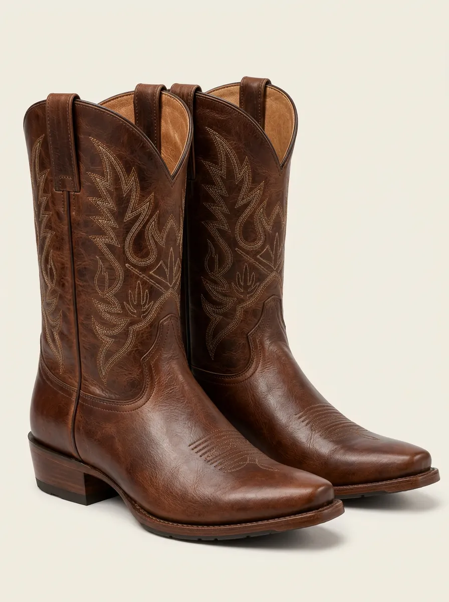 Men's Brown Leather Boots with Embroidered Western Print