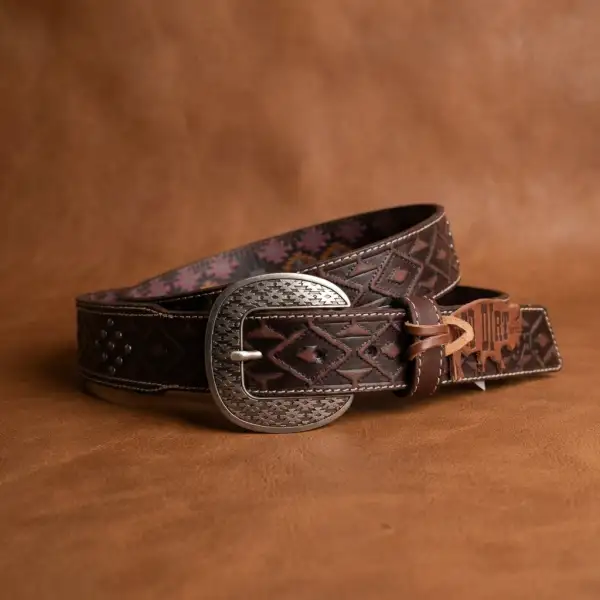 Southwestern Studded Tooled Genuine Leather Western Belt