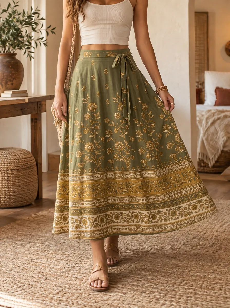 Women's Boho Floral Olive Green Printed Midi Skirt