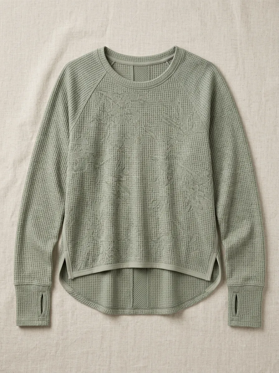 Women's Floral Waffle Knit Sage Green Printed Athletic Top