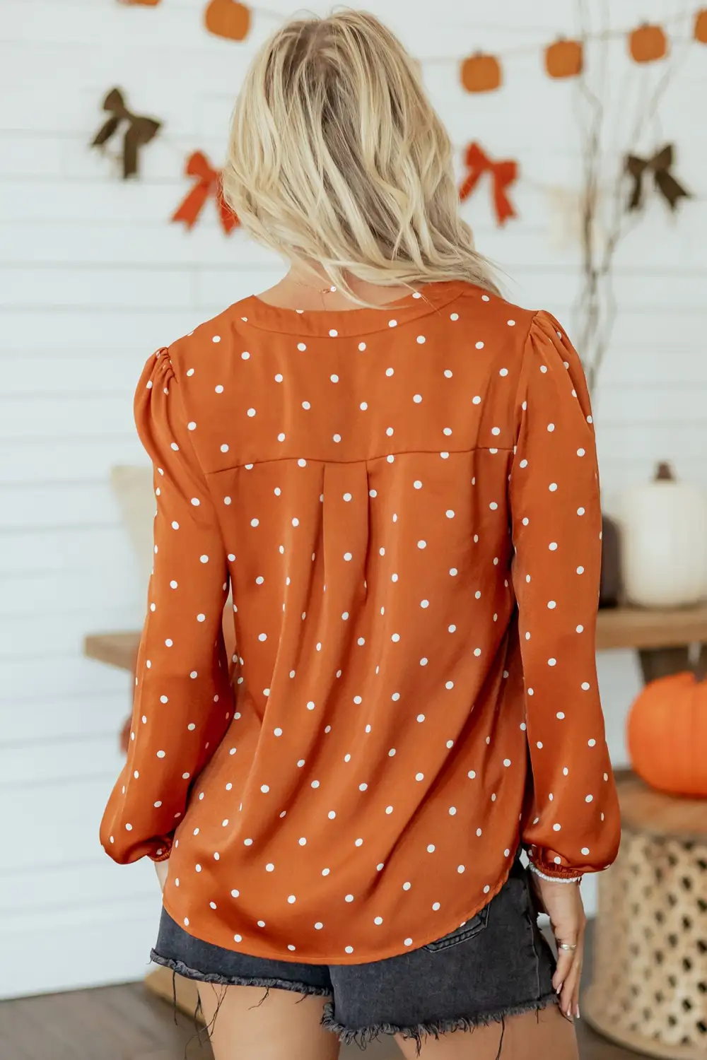 Women's Polka Dot V Neck Long Sleeve Top