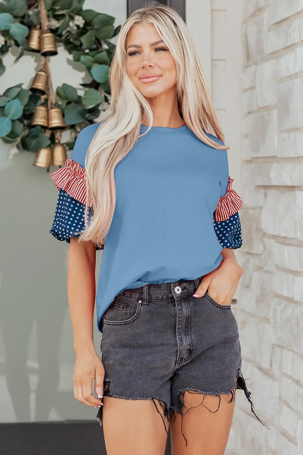 Beau Blue Stars Stripes Short Sleeve Top