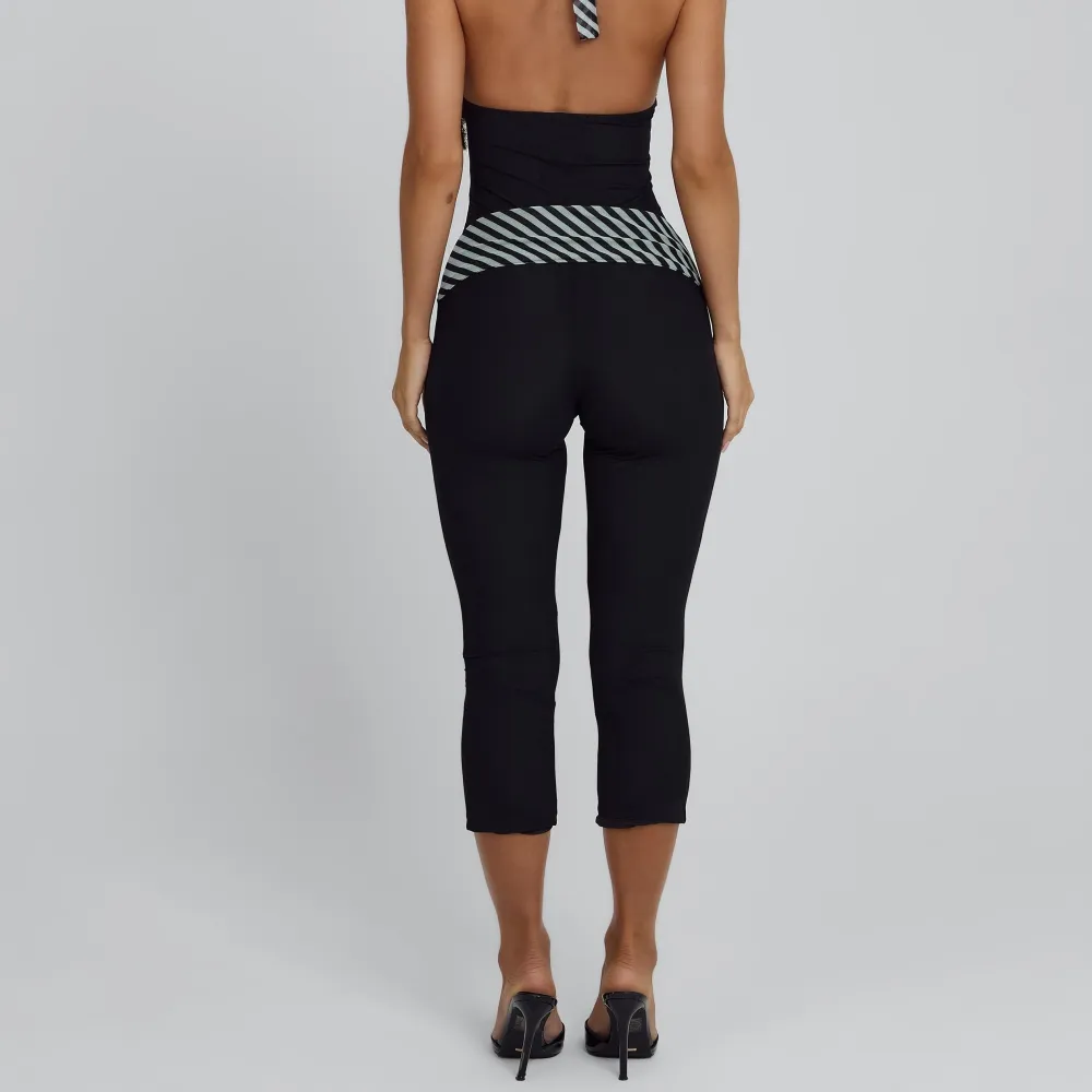 Black Stripe Halter Capri Jumpsuit
